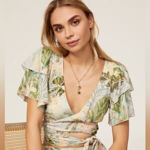 Show Me Your MuMu Floral Wrap Blouse - Green and Cream